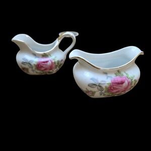 VTG Lofton Porcelain‎ Mini Pink Rose Creamer & Sugar Bowl Set Gold Trim